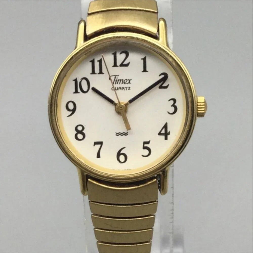 Vintage Timex Womens Watch 23mm White Dial Gold Tone Stretch Band New Battery